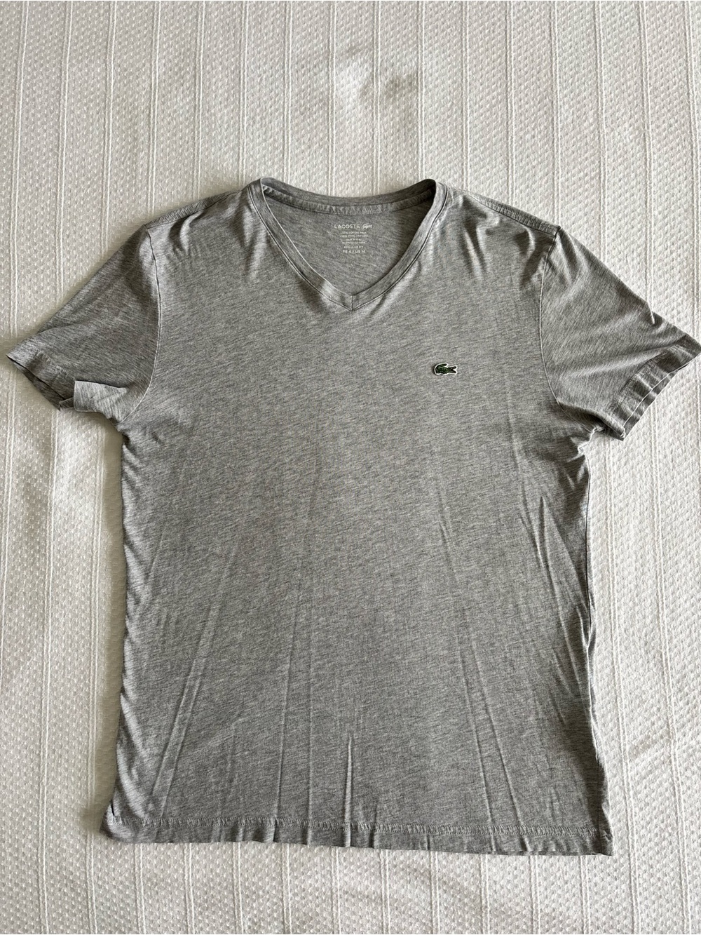 Lacoste Men's Light Gray V-Neck Tee with Green Croc Logo